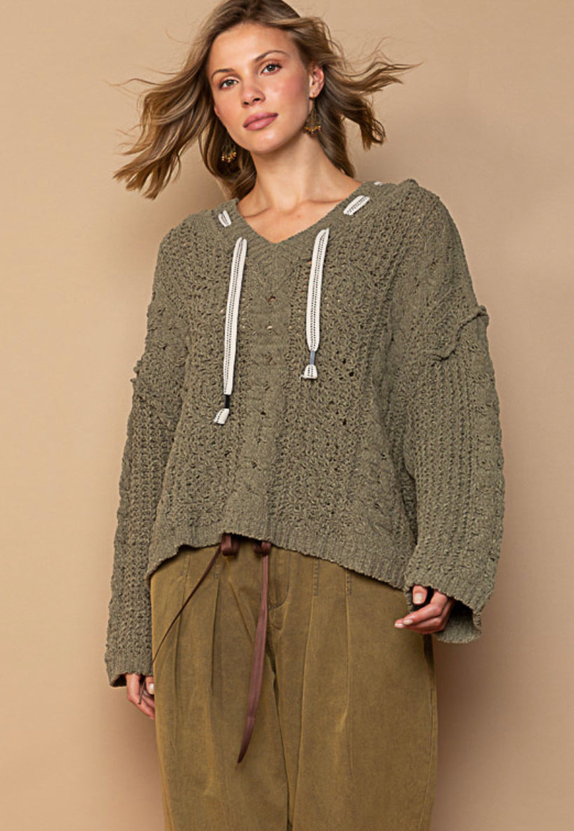 Chenille V-neck hoodie (moss khaki)