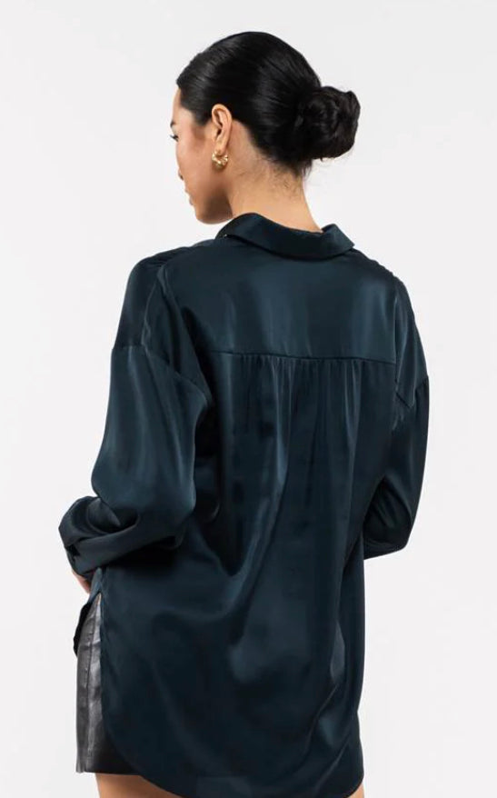 SATIN BUTTON UP LONG SLEEVE TOP (hunter green)
