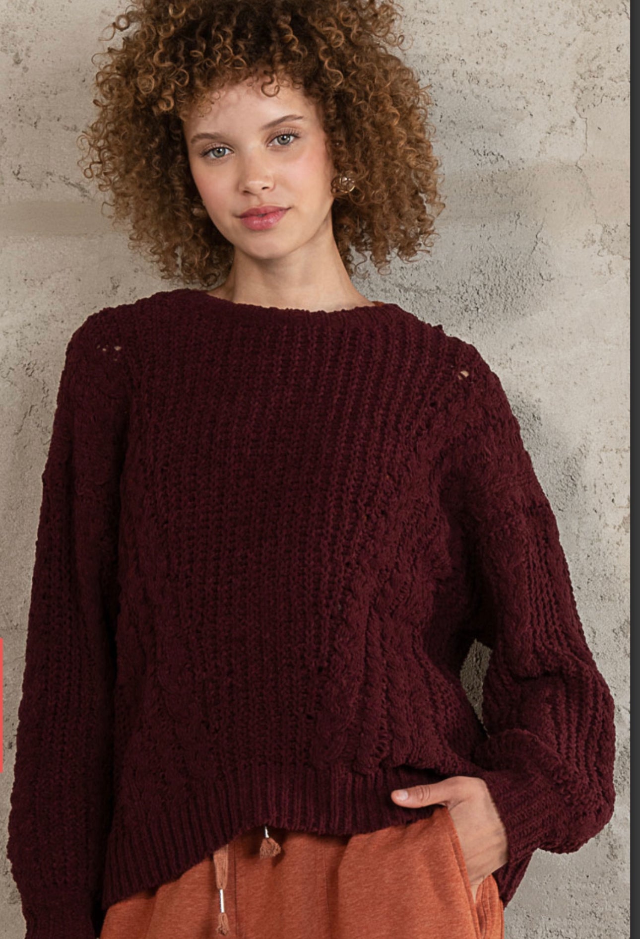 Chenille Pullover Sweater with Cable Knit Weaving (Color Oxblood)