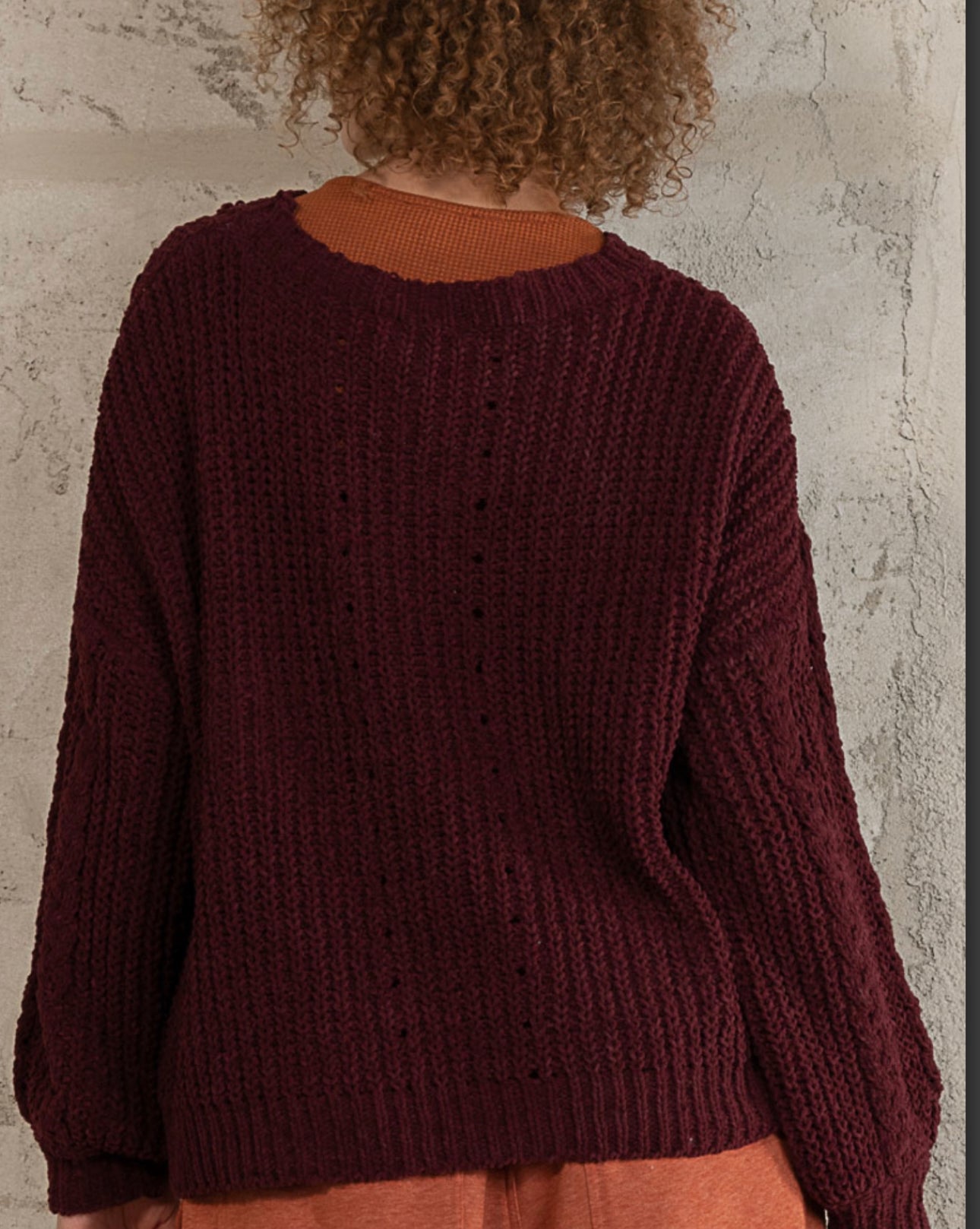 Chenille Pullover Sweater with Cable Knit Weaving (Color Oxblood)