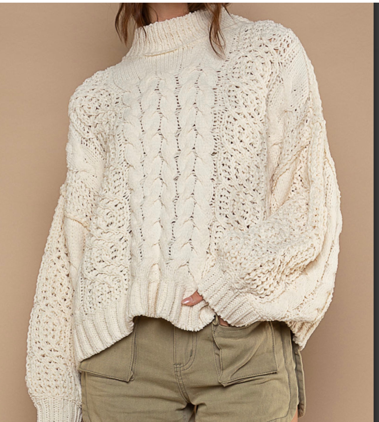 Soft Pullover Sweater with a Mock Neckline (Cream)