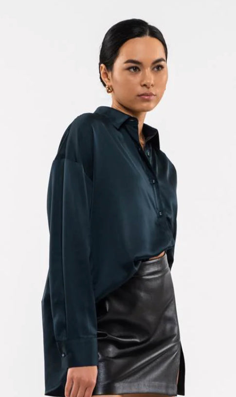 SATIN BUTTON UP LONG SLEEVE TOP (hunter green)
