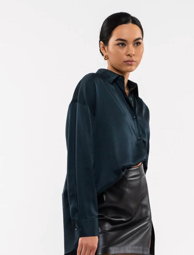 SATIN BUTTON UP LONG SLEEVE TOP (hunter green)