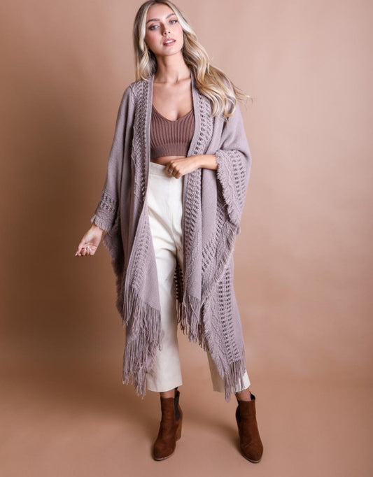 Open Front Frayed Border Bohemian Ruana: Where Comfort Meets Boho Elegance