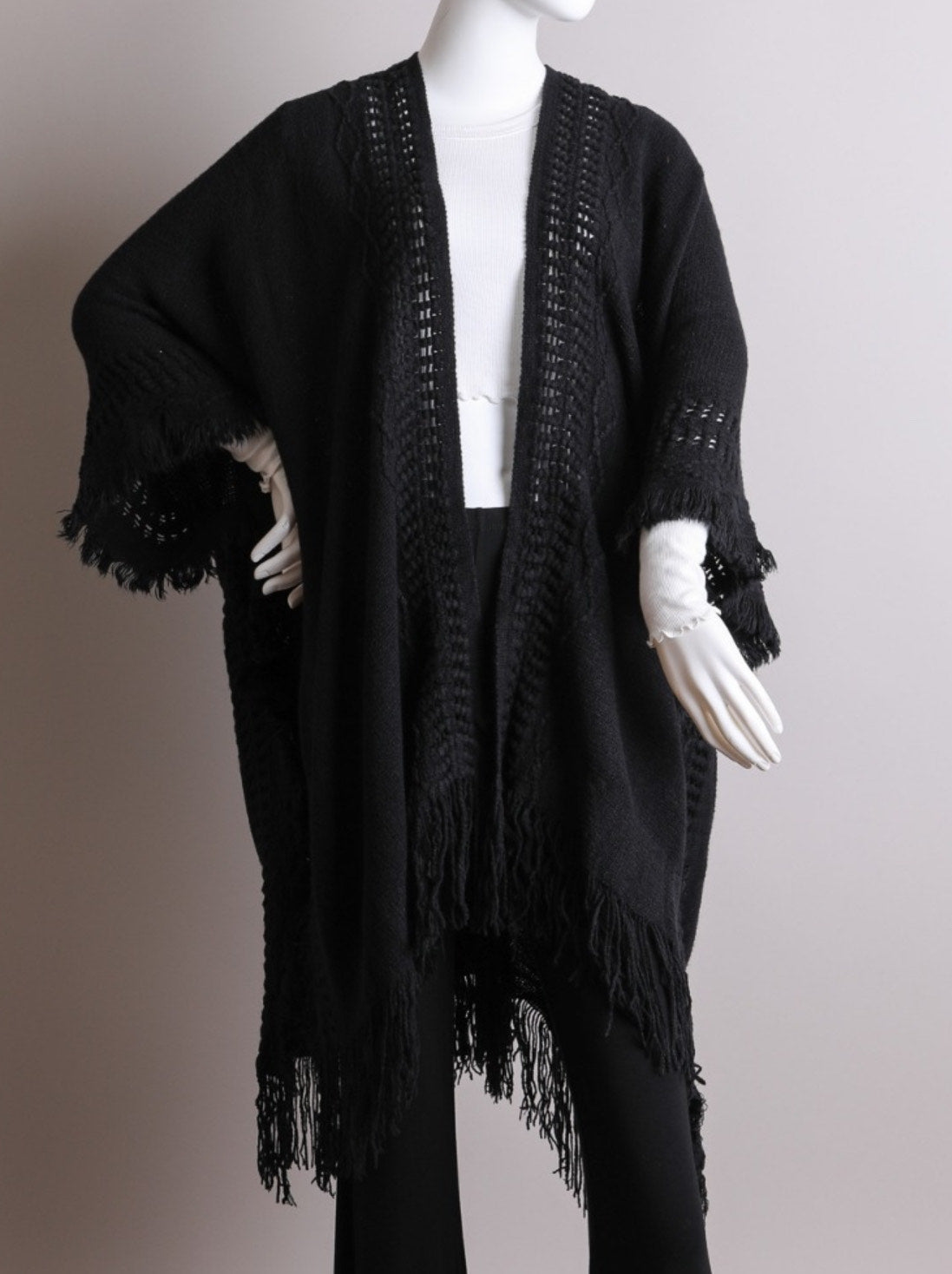 Open Front Frayed Border Bohemian Ruana: Where Comfort Meets Boho Elegance