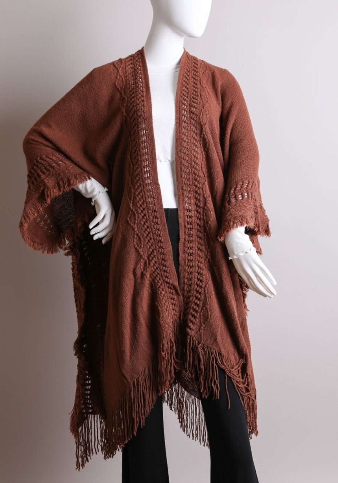 Open Front Frayed Border Bohemian Ruana: Where Comfort Meets Boho Elegance