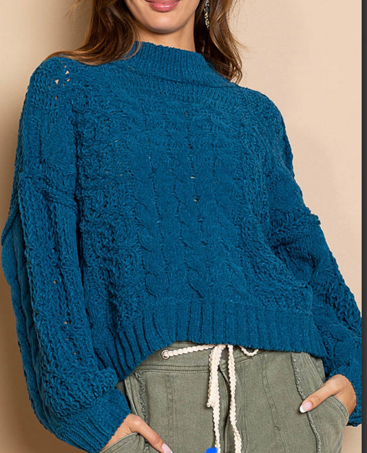Soft Pullover Sweater with a Mock Neckline (Ocean Blue)