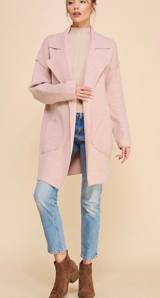 Soft Pink Collared Coatigan with Pockets